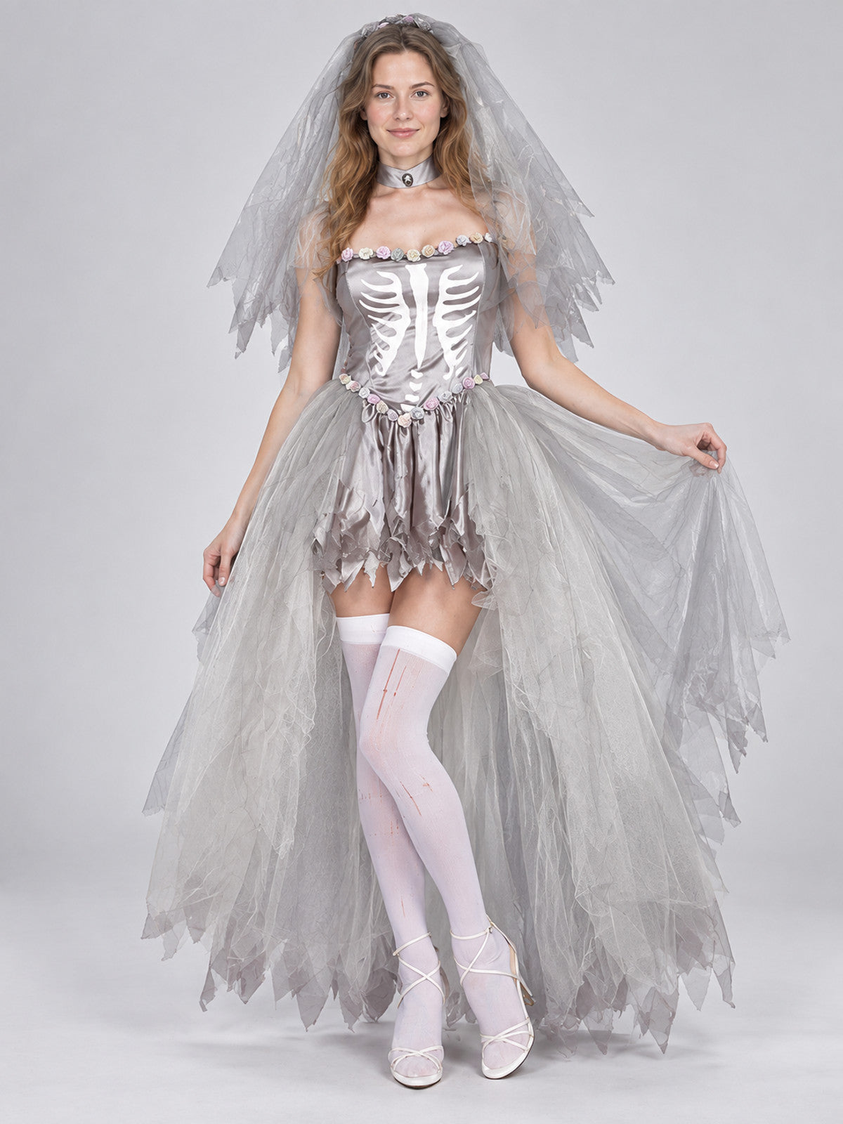Gray Tulle Skeleton Costume with Veil