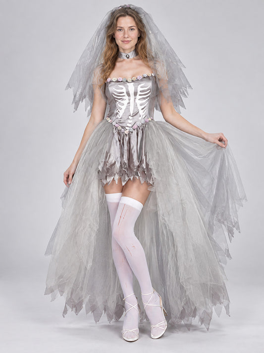 Gray Tulle Skeleton Costume with Veil