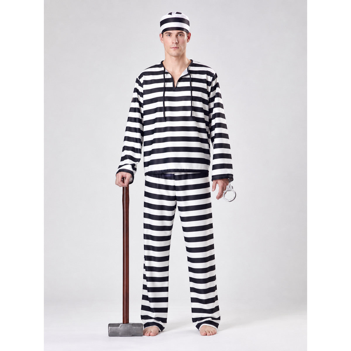 Striped Prisoner Costume with Cap and Handcuffs on-model view