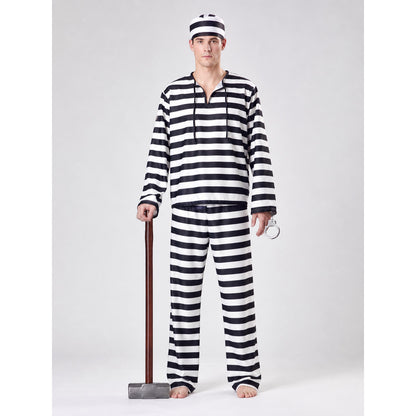 Striped Prisoner Costume with Cap and Handcuffs on-model view