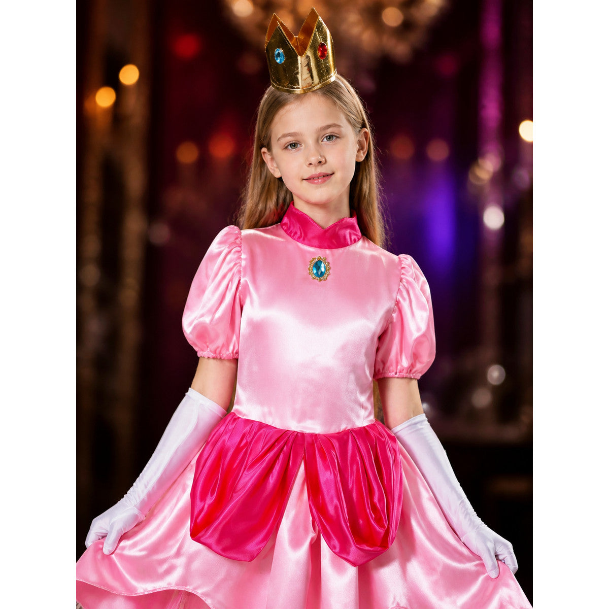 Carnival costume with a dress, gloves, and a crown on-model view