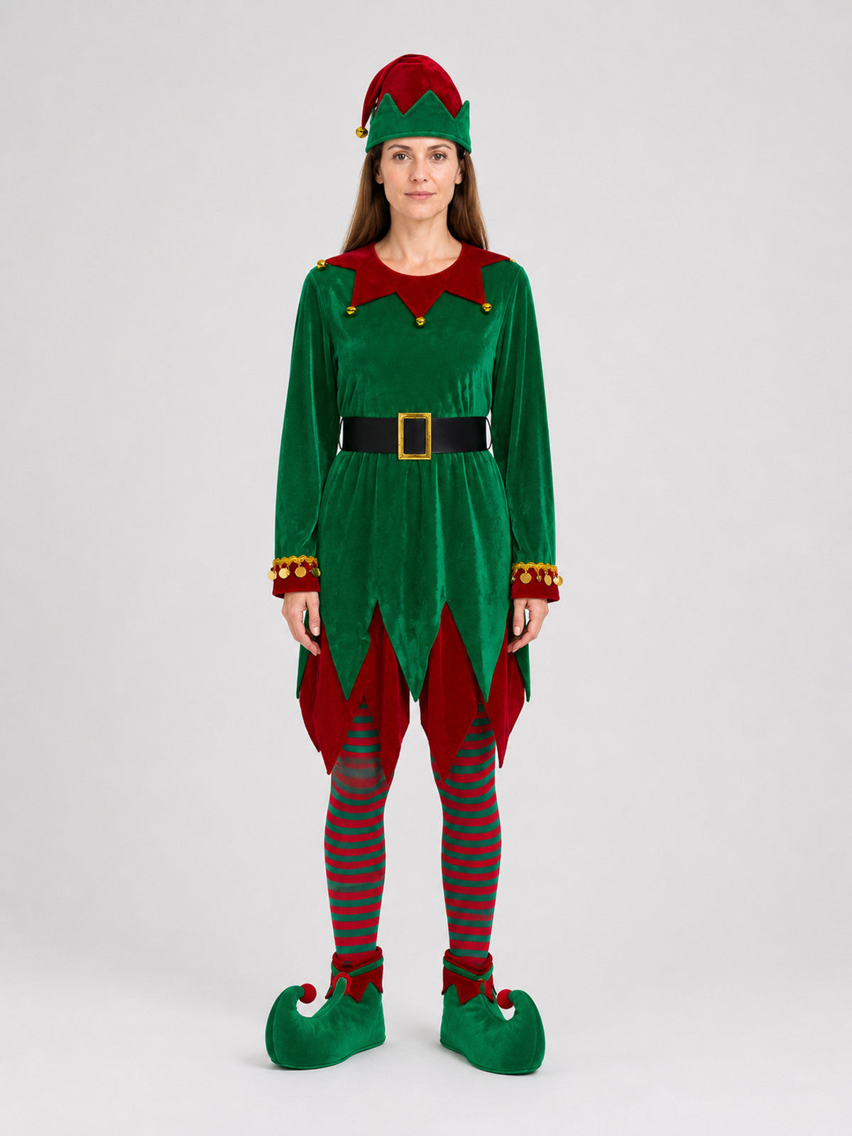 Christmas Elf Costume with Hat and Bells on-model view