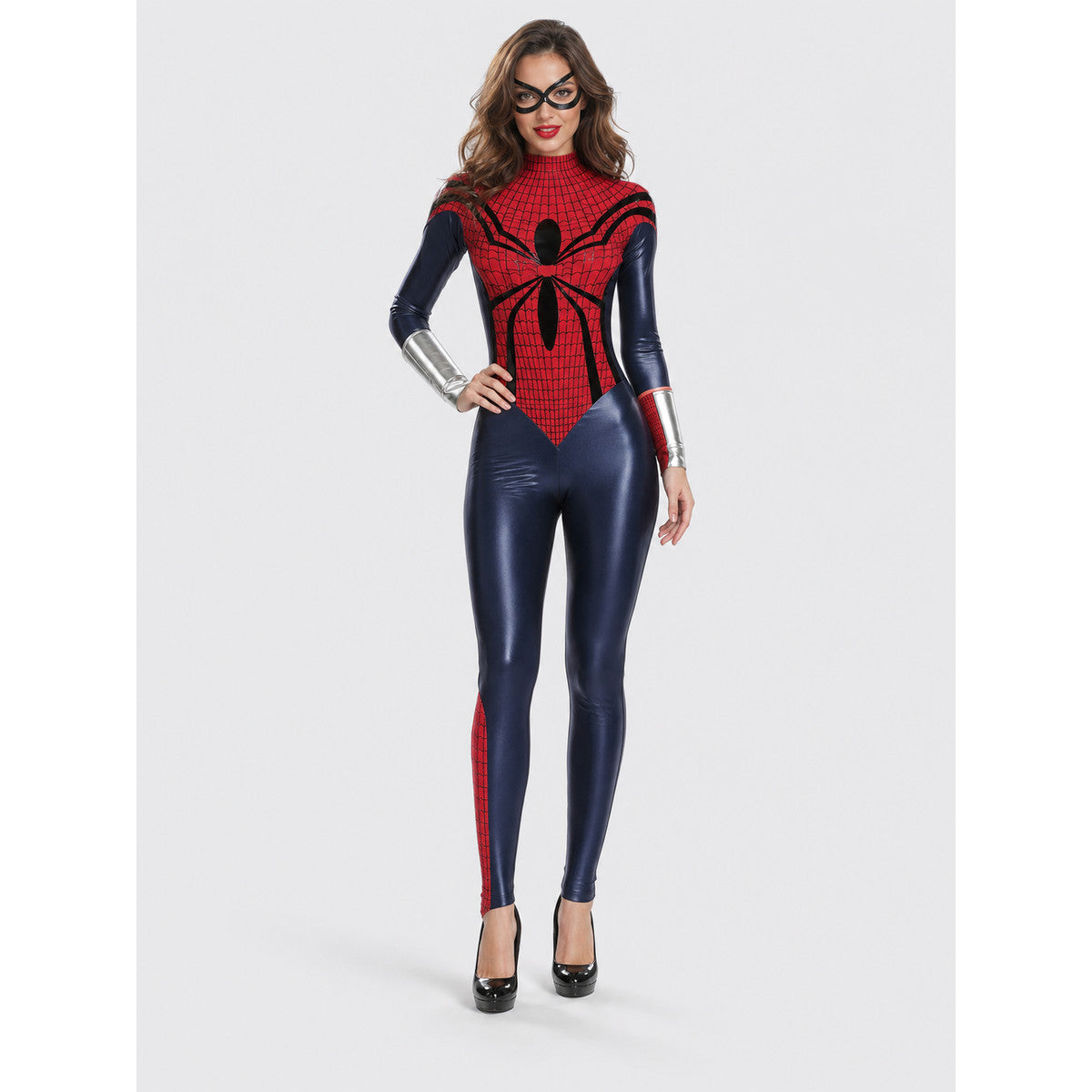Superhero cosplay bodysuit with spider print and mask on-model view