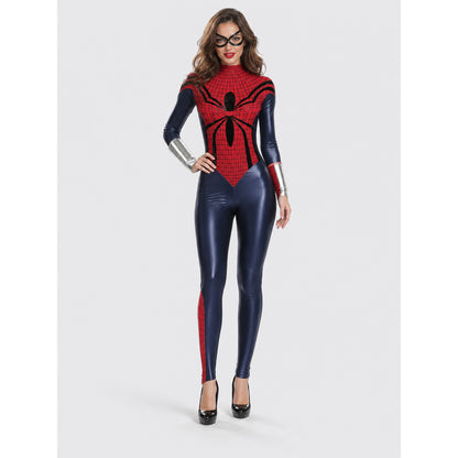 Superhero cosplay bodysuit with spider print and mask on-model view