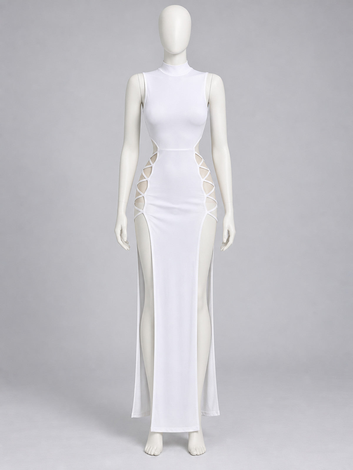 White Sleeveless Bodycon Dress with Side Cutouts on-model view