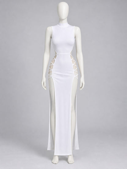 White Sleeveless Bodycon Dress with Side Cutouts on-model view
