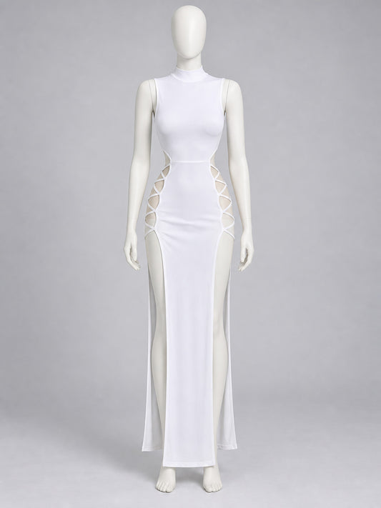 White Sleeveless Bodycon Dress with Side Cutouts on-model view