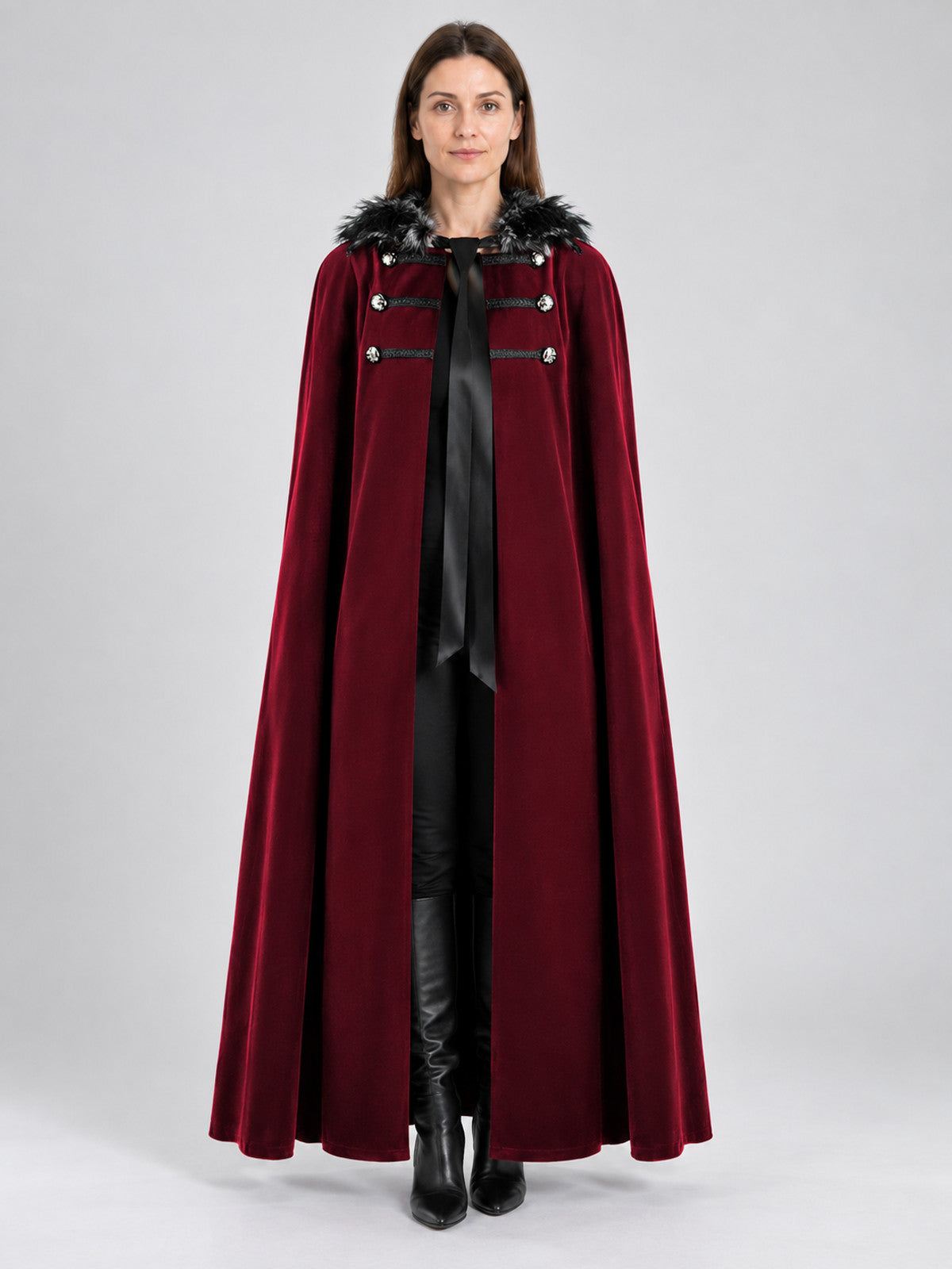 Burgundy Cape Cloak with Fur Collar