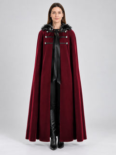 Burgundy Cape Cloak with Fur Collar
