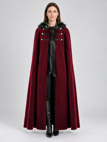 Burgundy Cape Cloak with Fur Collar