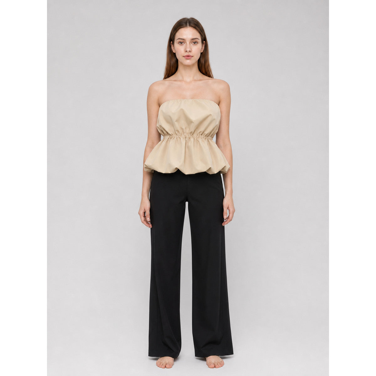 Strapless Peplum Bustier Top, Beige