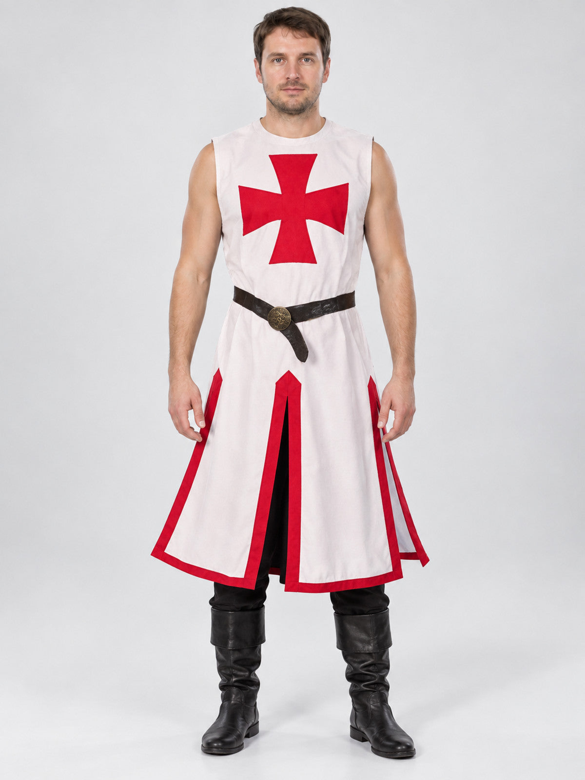 Crusader Costume: Red Sleeveless Tunic with Belt