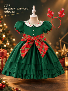 Dressy Dark Green Dress with Plaid Bow and Headband