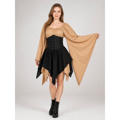 Gothic fantasy corset dress with long sleeves on-model view