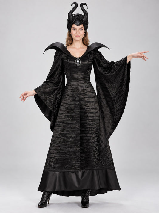 Costume with horns, a long black dress, and wide sleeves