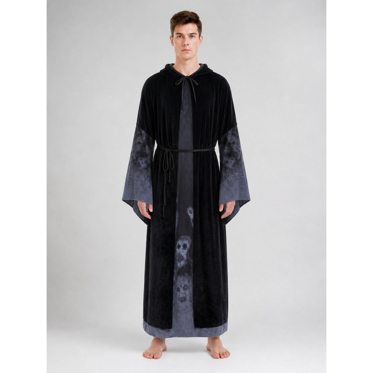 Gothic hooded robe costume with skulls on-model view