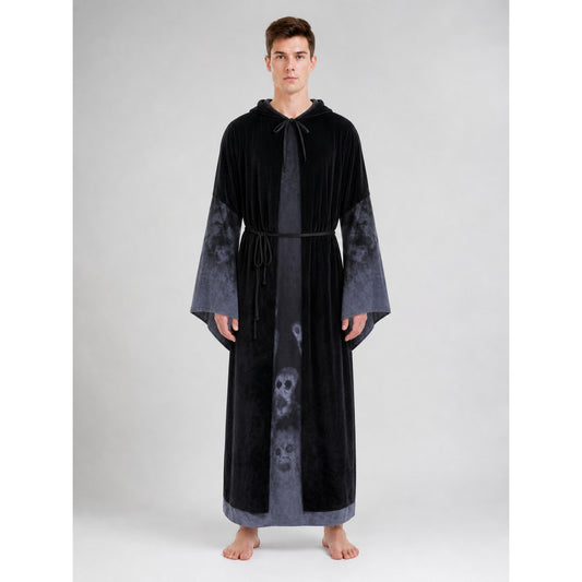 Gothic hooded robe costume with skulls on-model view