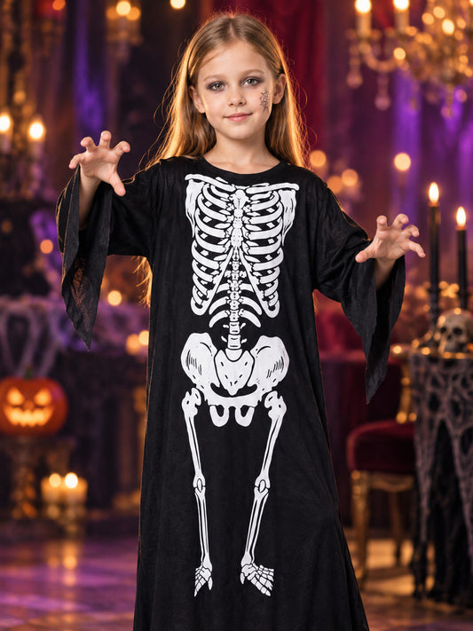 Kids' Skeleton Print Halloween Costume Black