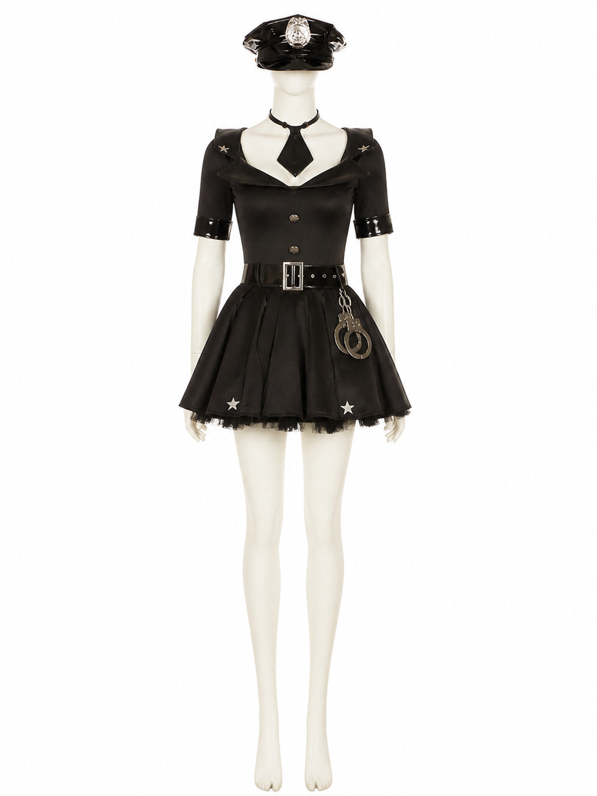 Women's Sexy Police Officer Costume Dress, Short Star Print with Hat and Belt on-model view