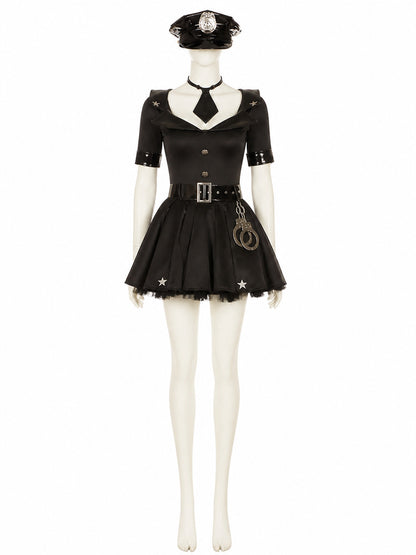 Women's Sexy Police Officer Costume Dress, Short Star Print with Hat and Belt on-model view