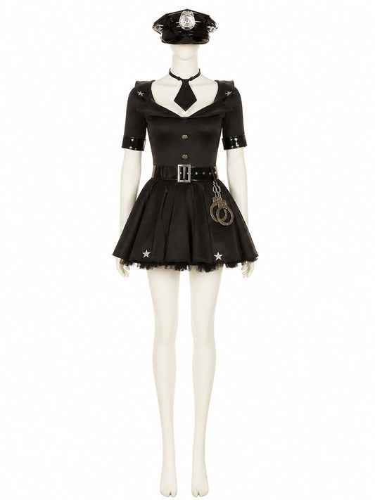 Women's Sexy Police Officer Costume Dress, Short Star Print with Hat and Belt on-model view
