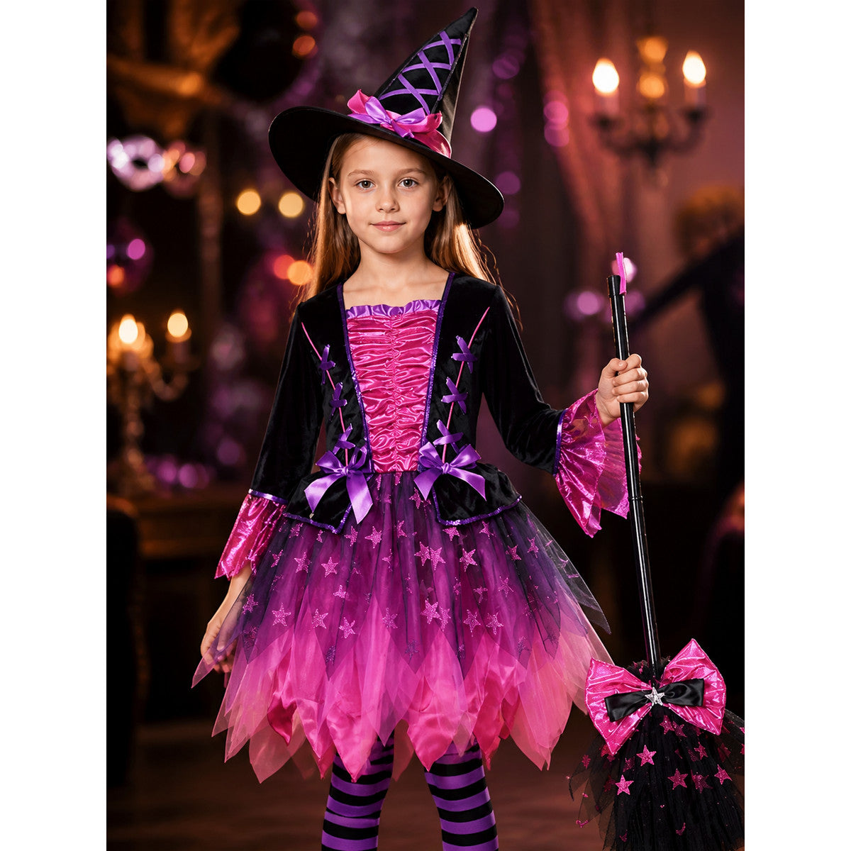 Halloween Witch Costume with Hat and Broom on-model view