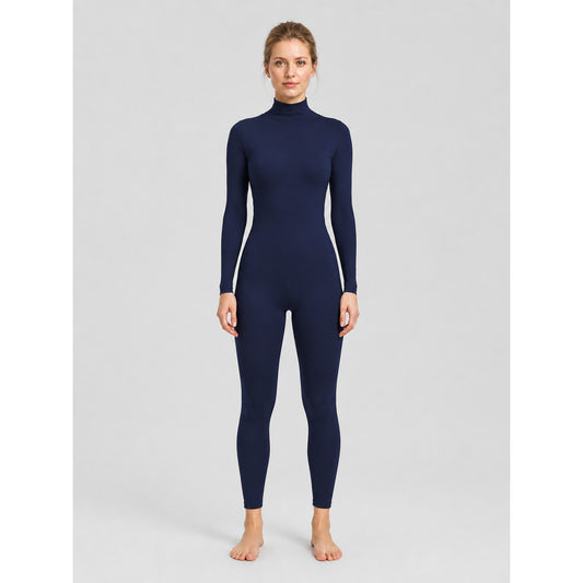 Dark Blue Close-Fitting Zentai Jumpsuit with a High Collar on-model view