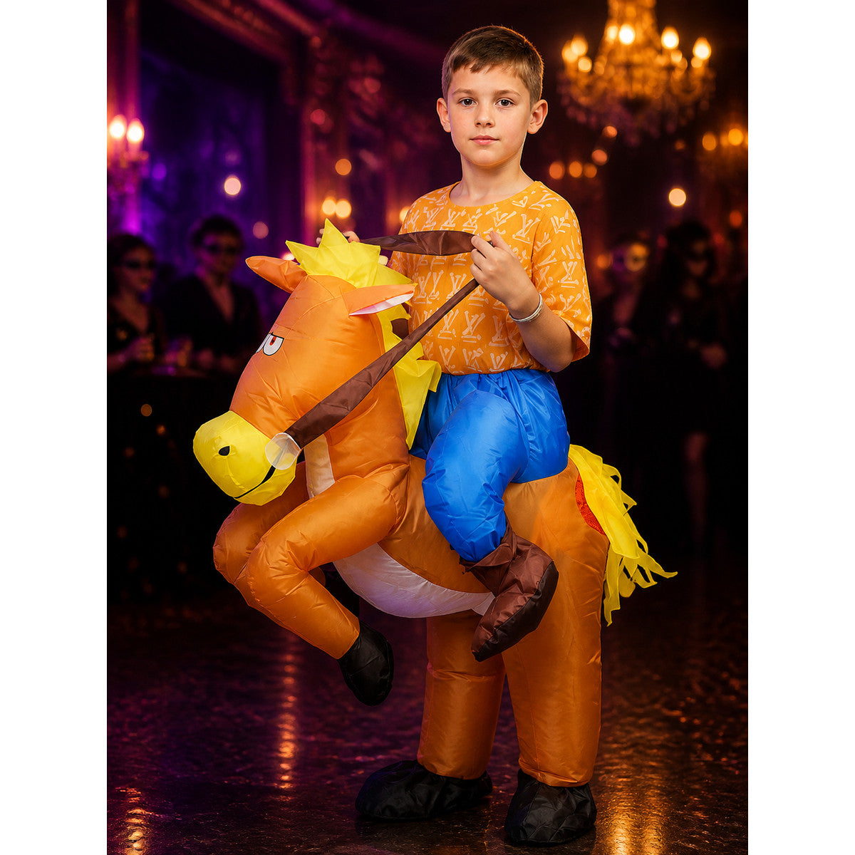 Kids Inflatable Horse Costume, Orange Yellow Halloween Party Outfit on-model view
