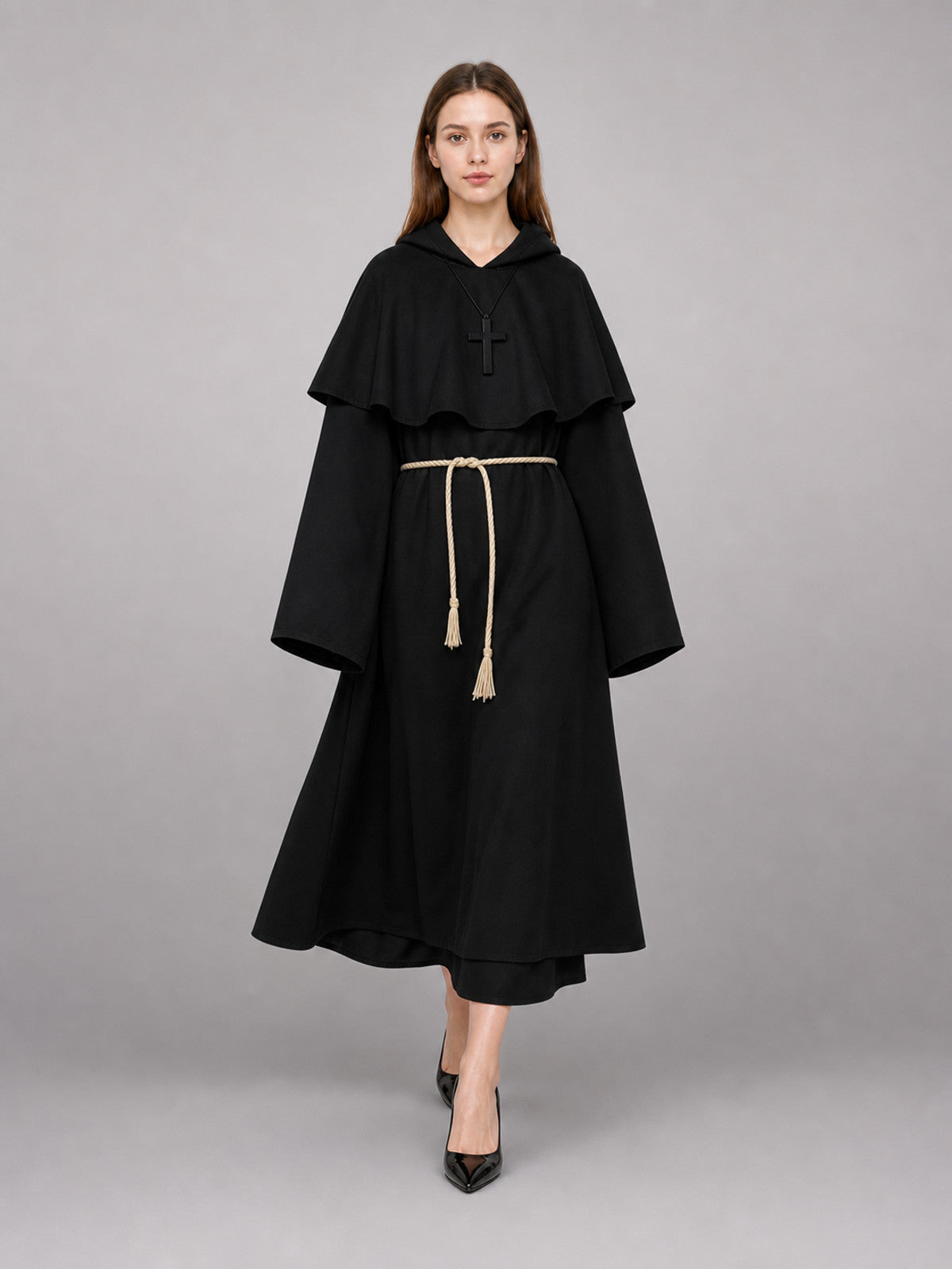 Black Carnival Cloak with a Pointed Hood front view
