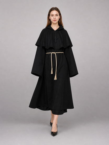 Black Carnival Cloak with a Pointed Hood front view