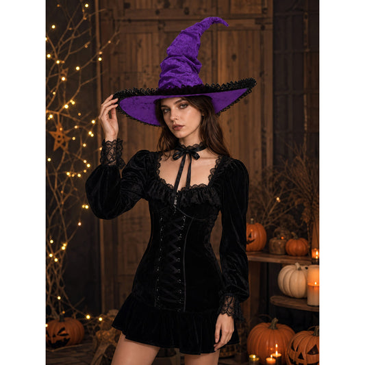 Purple Halloween Witch Hat Pointed Wide Brim Gothic Costume Accessory With Black Lace-Like Trim For Cosplay Themed Parties