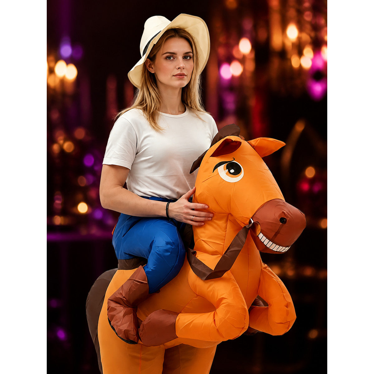 Adult Inflatable Horse Costume for Halloween Party, Brown and Orange Funny Full on-model view