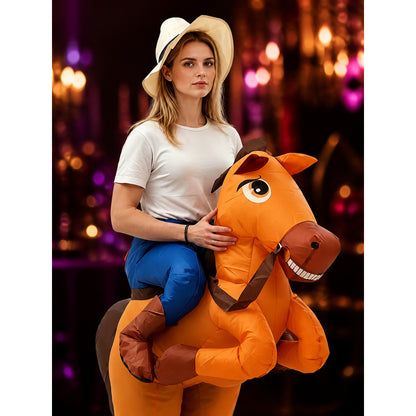 Adult Inflatable Horse Costume for Halloween Party, Brown and Orange Funny Full on-model view