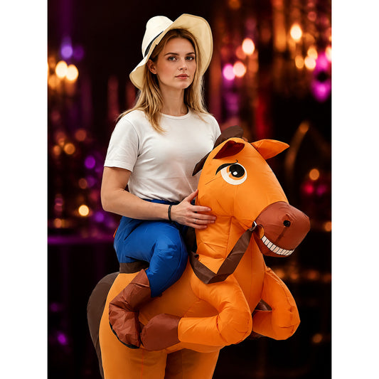 Adult Inflatable Horse Costume for Halloween Party, Brown and Orange Funny Full on-model view