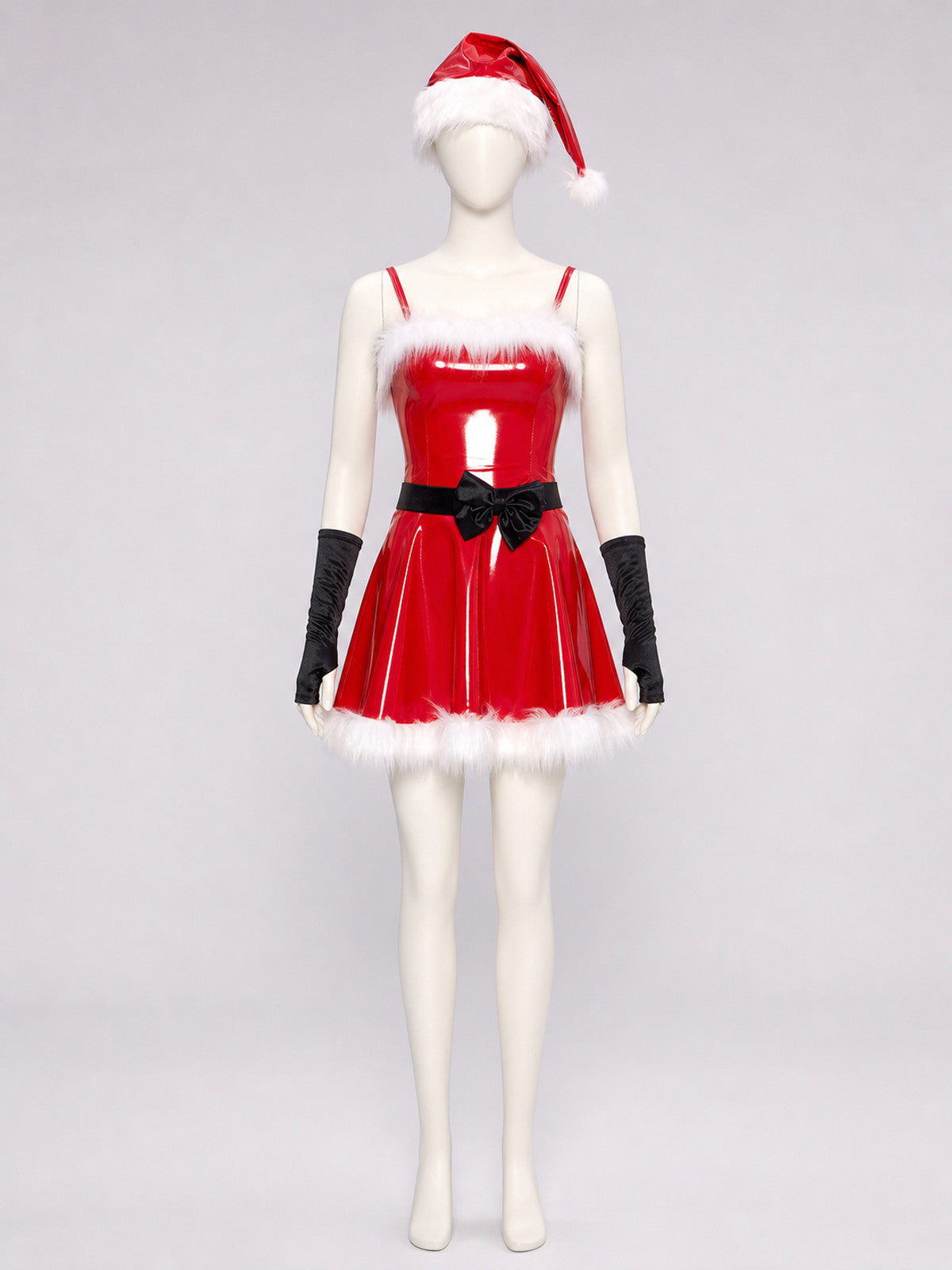 Christmas Character Costume: Red Dress with White Trim on-model view