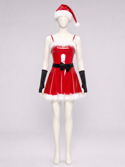 Christmas Character Costume: Red Dress with White Trim on-model view