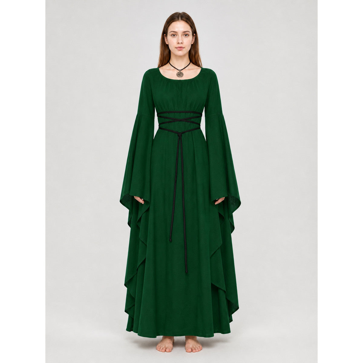 Long Dress with Sleeves and Waist Lacing