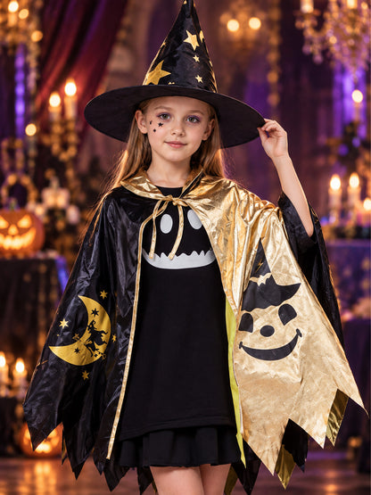 Kids' Halloween Costume with Black and Gold Cape, Hat