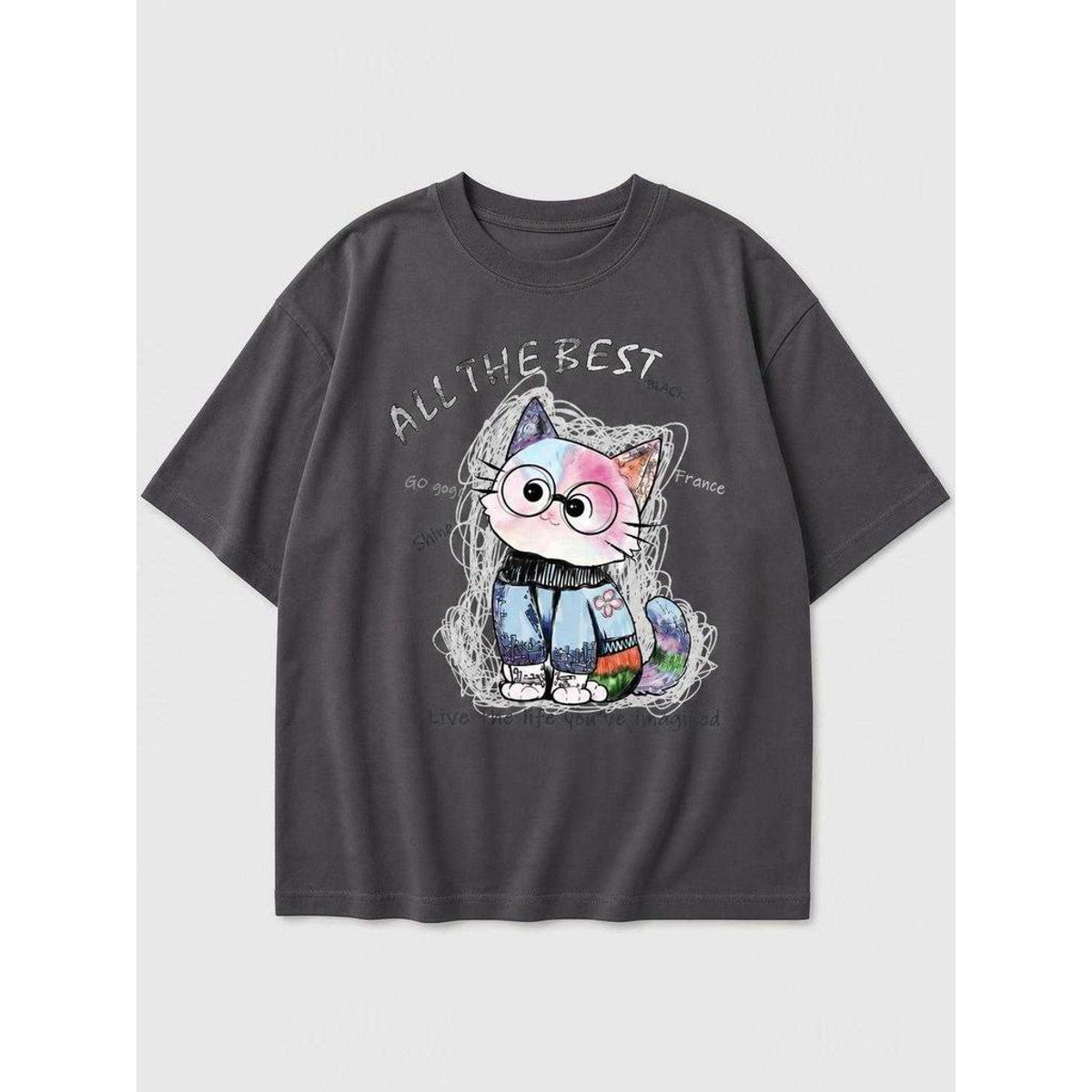 Relaxed-Fit Cat Print T-Shirt, Charcoal Gray, Summer