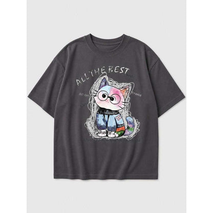 Relaxed-Fit Cat Print T-Shirt, Charcoal Gray, Summer