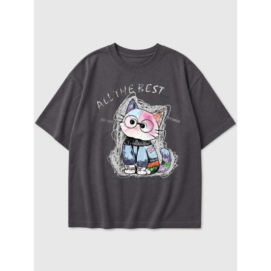 Relaxed-Fit Cat Print T-Shirt, Charcoal Gray, Summer