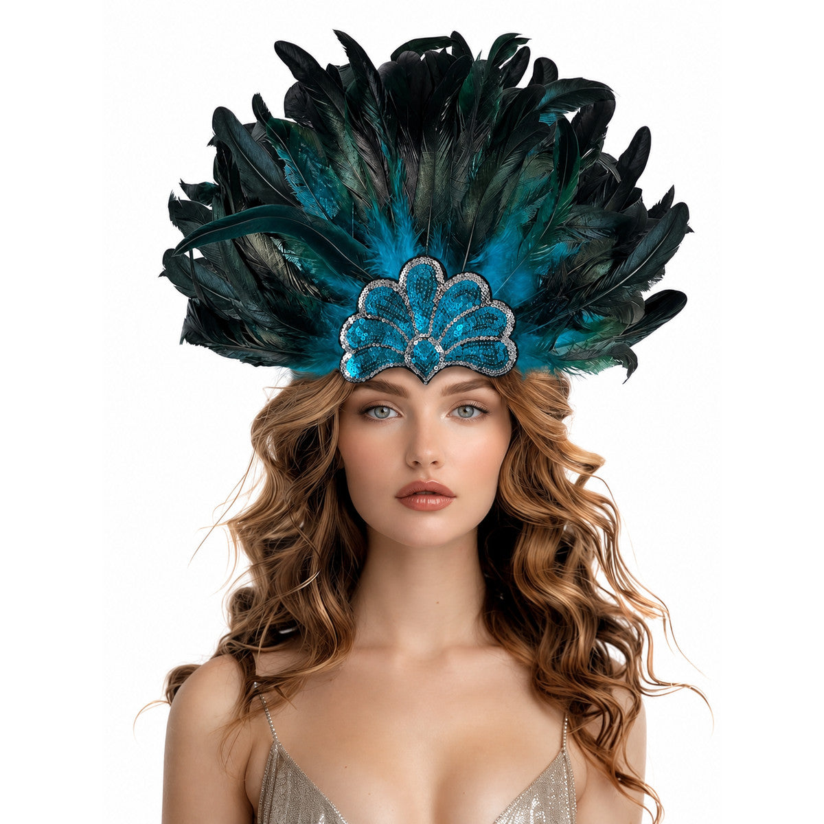 Feather Headpiece with Turquoise Sequins