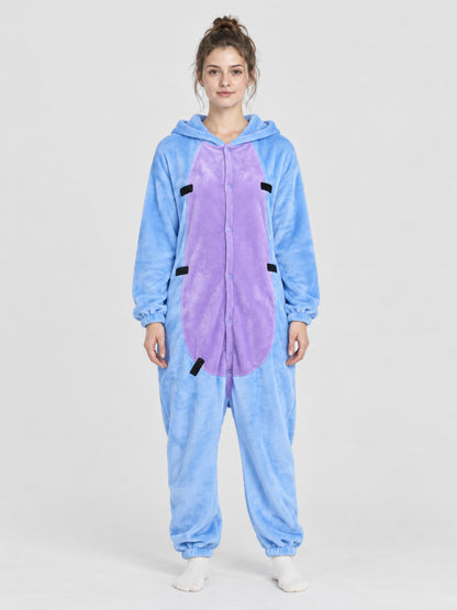 Blue Cartoon-Style Hooded Pajama Jumpsuit