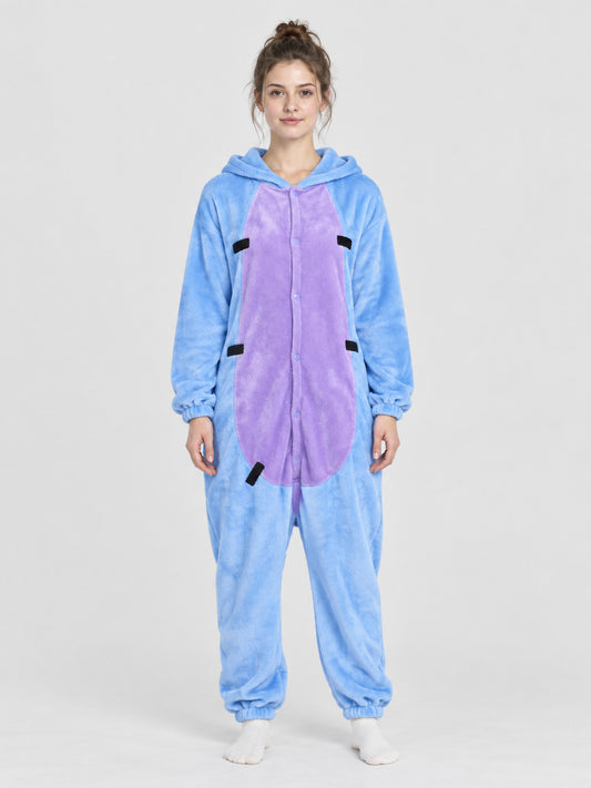 Blue Cartoon-Style Hooded Pajama Jumpsuit