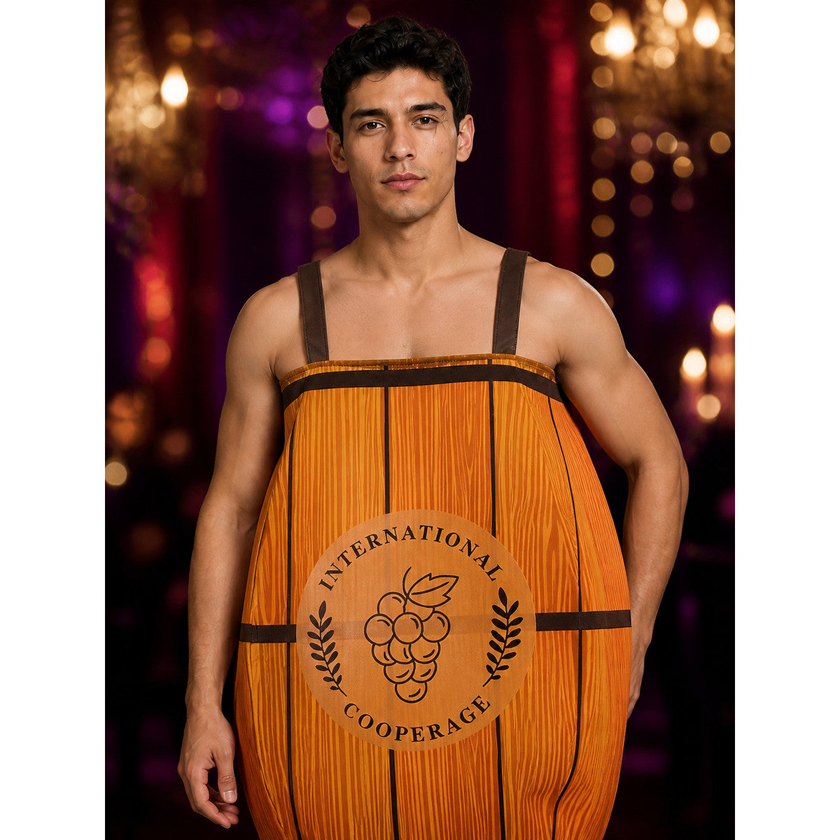 Funny Wine Barrel Costume Bodysuit, Sleeveless Grape Print Party Outfit on-model view
