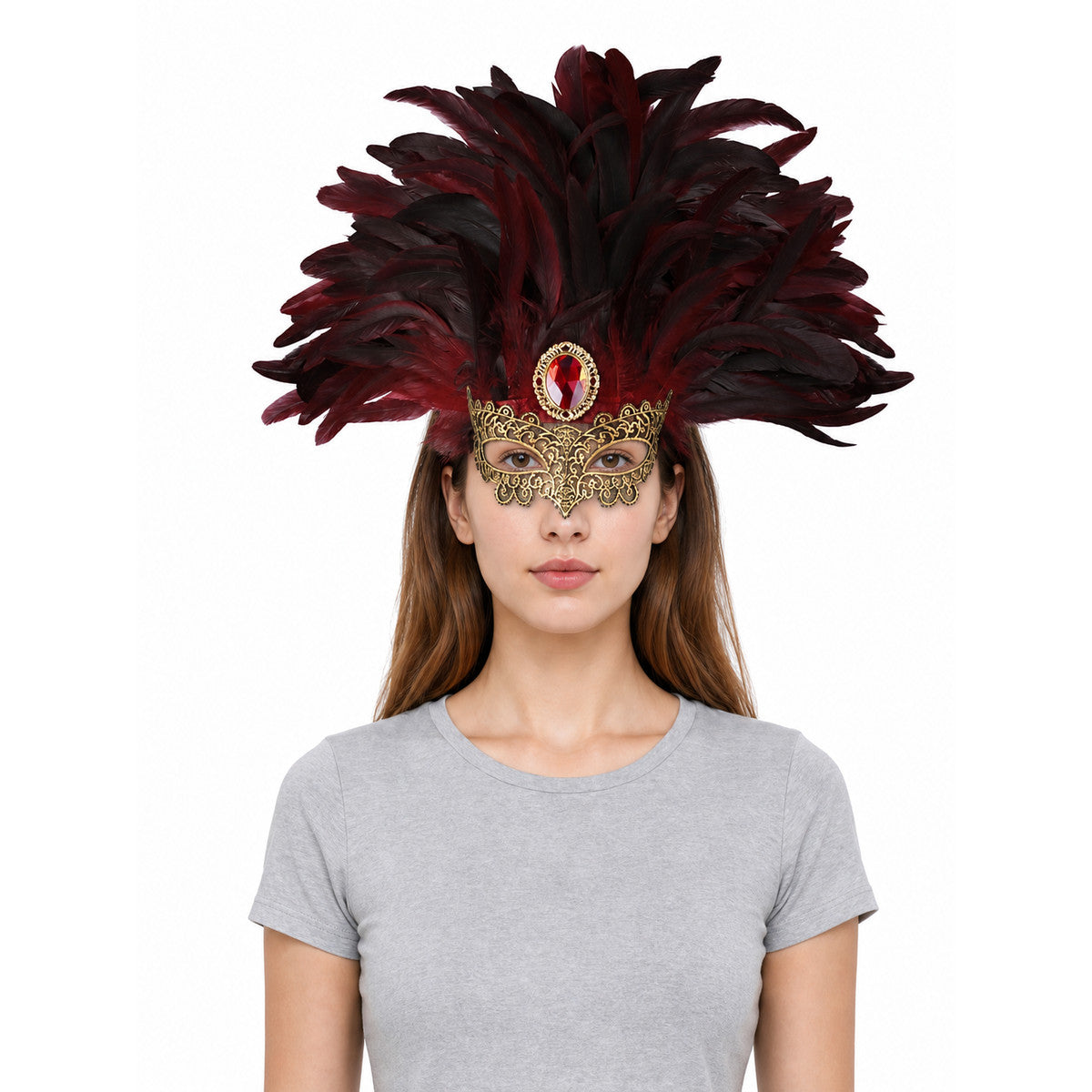 Feathered masquerade mask headpiece with burgundy and black feathers, gold filigree, and red oval jewel, shown on a front-facing model