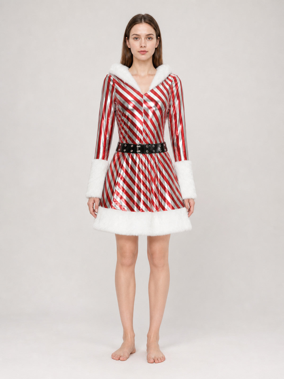 Christmas Hooded Dress with Fuzzy Trim on-model view