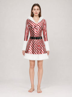 Christmas Hooded Dress with Fuzzy Trim