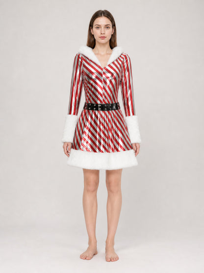 Christmas Hooded Dress with Fuzzy Trim on-model view