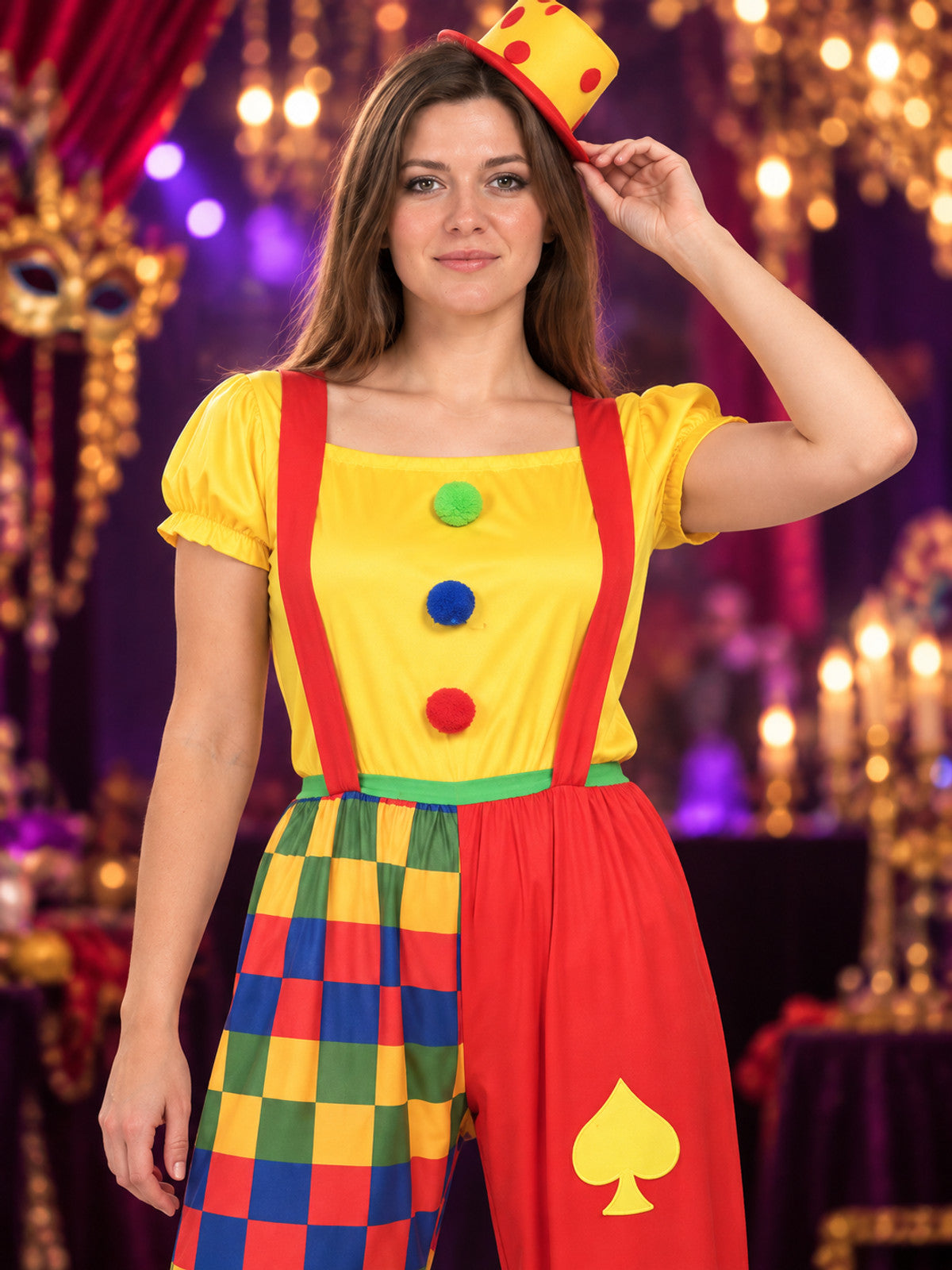 Clown Costume with Yellow Hat and Multicolored Pants